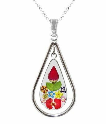 Rose &amp; Mixed Flowers Necklace, Swivel Teardrop, Transparent