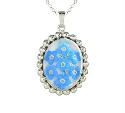 Forget-Me-Not Necklace, Oval Medallion, White Background