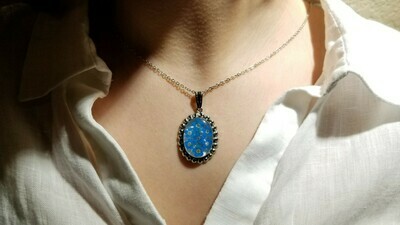 Forget-Me-Not Necklace, Oval Medallion, White Background
