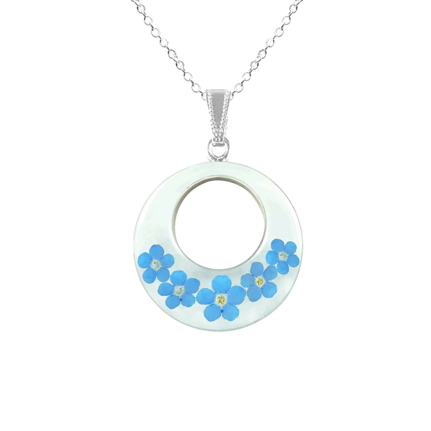 Forget-Me-Not Necklace, Full Moon Pendant, White Background