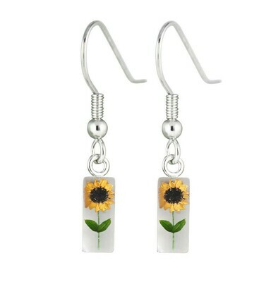 Sunflower, Rectangle Hanging Earrings, White Background.