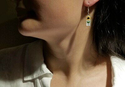 Sunflower, Rectangle Hanging Earrings, White Background.