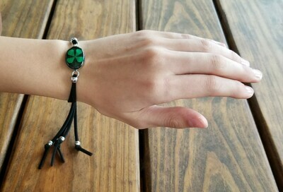 Four-Leaf Clover, Leather Oval Bracelet, Black Background