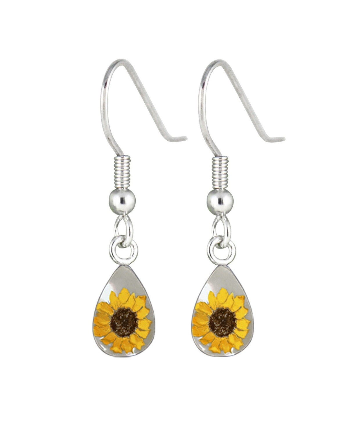 Sunflower, Teardrop Hanging Earrings, White Background.
