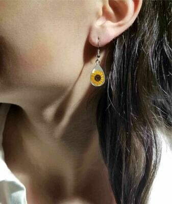 Sunflower, Teardrop Hanging Earrings, White Background.