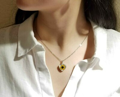 Sunflower Necklace, Small Heart, White Background