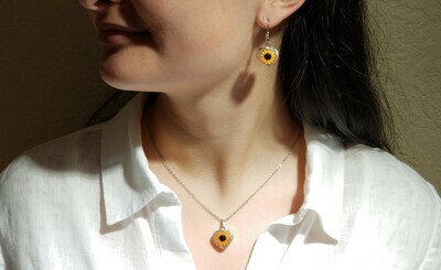 Sunflower, Heart Hanging Earrings , Transparent.