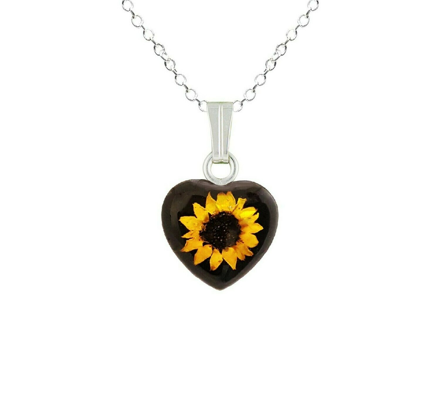 Sunflower Necklace, Small Heart, Black Background
