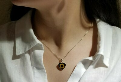 Sunflower Necklace, Small Heart, Black Background