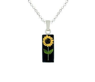 Sunflower Necklace, Small Rectangle, Black Background
