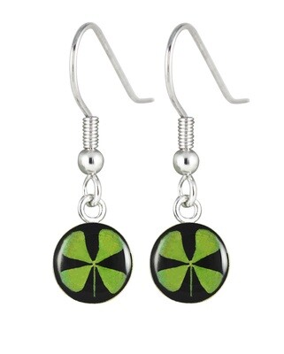 Four-Leaf Clover, Circle Hanging Earrings, Black Background