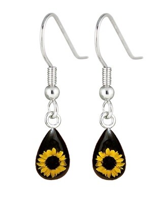 Sunflower, Teardrop Hanging Earrings, Black Background.