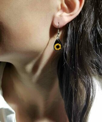 Sunflower, Teardrop Hanging Earrings, Black Background.