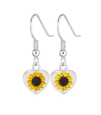 Sunflower, Heart Hanging Earrings, White Background.