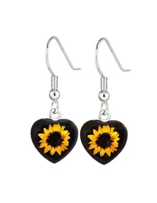 Sunflower Hanging Earrings,Heart, Black Background.