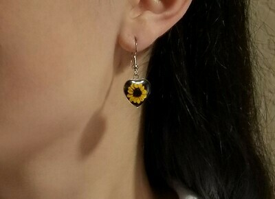 Sunflower Hanging Earrings,Heart, Black Background.