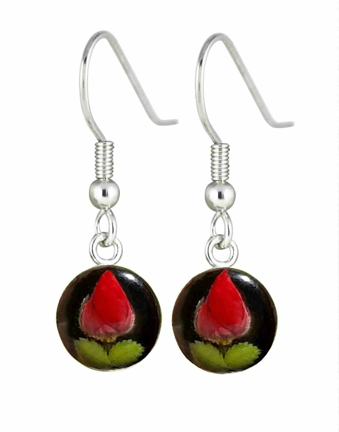 Rose, Small Circle Hanging Earrings, Black Background.