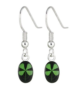 Four-Leaf Clover, Oval Hanging Earrings, Black Background