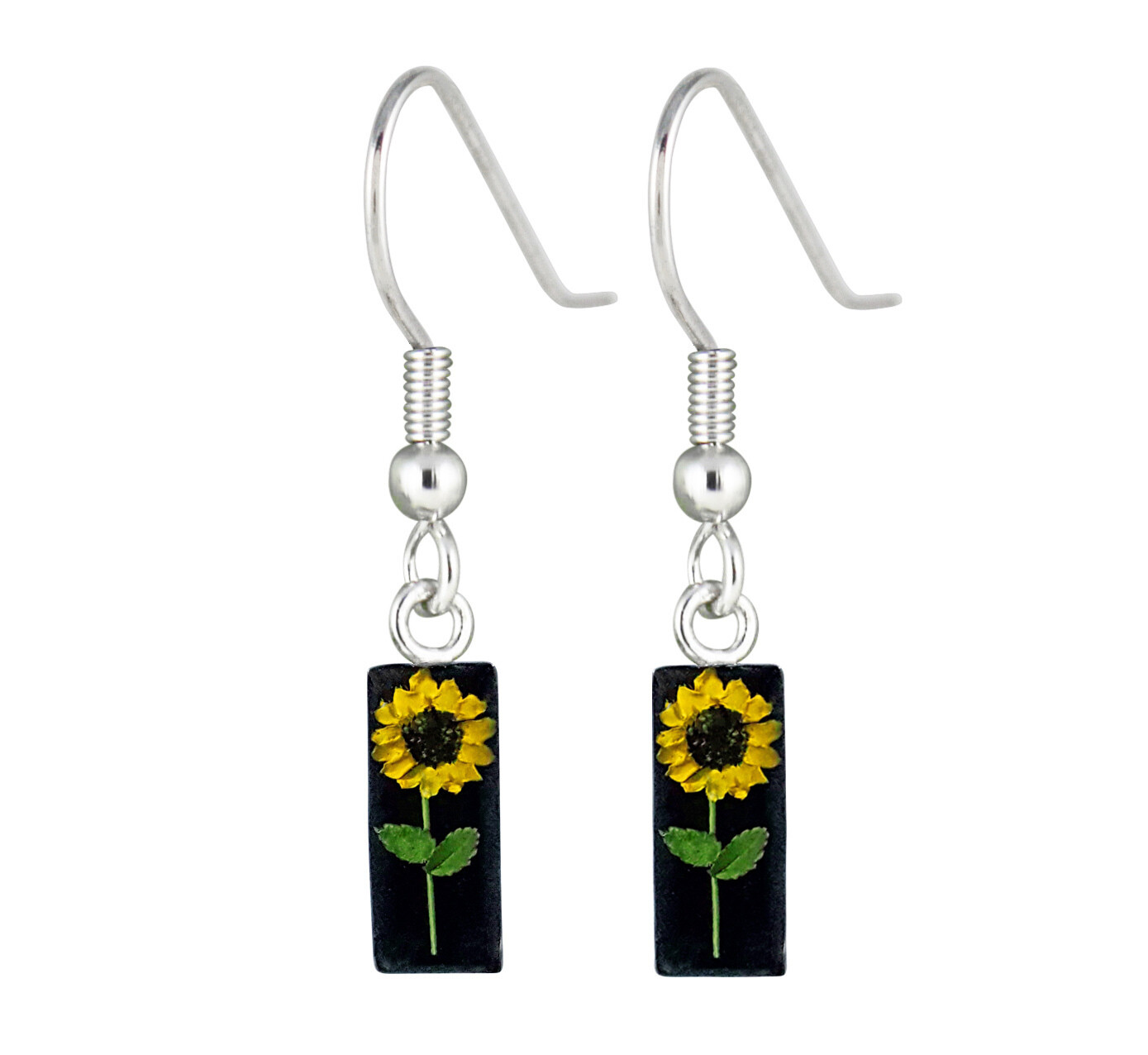 Sunflower, Rectangle Hanging Earrings, Black Background.