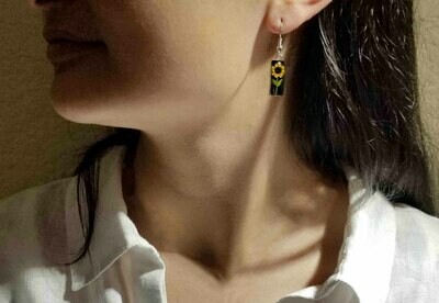 Sunflower, Rectangle Hanging Earrings, Black Background.