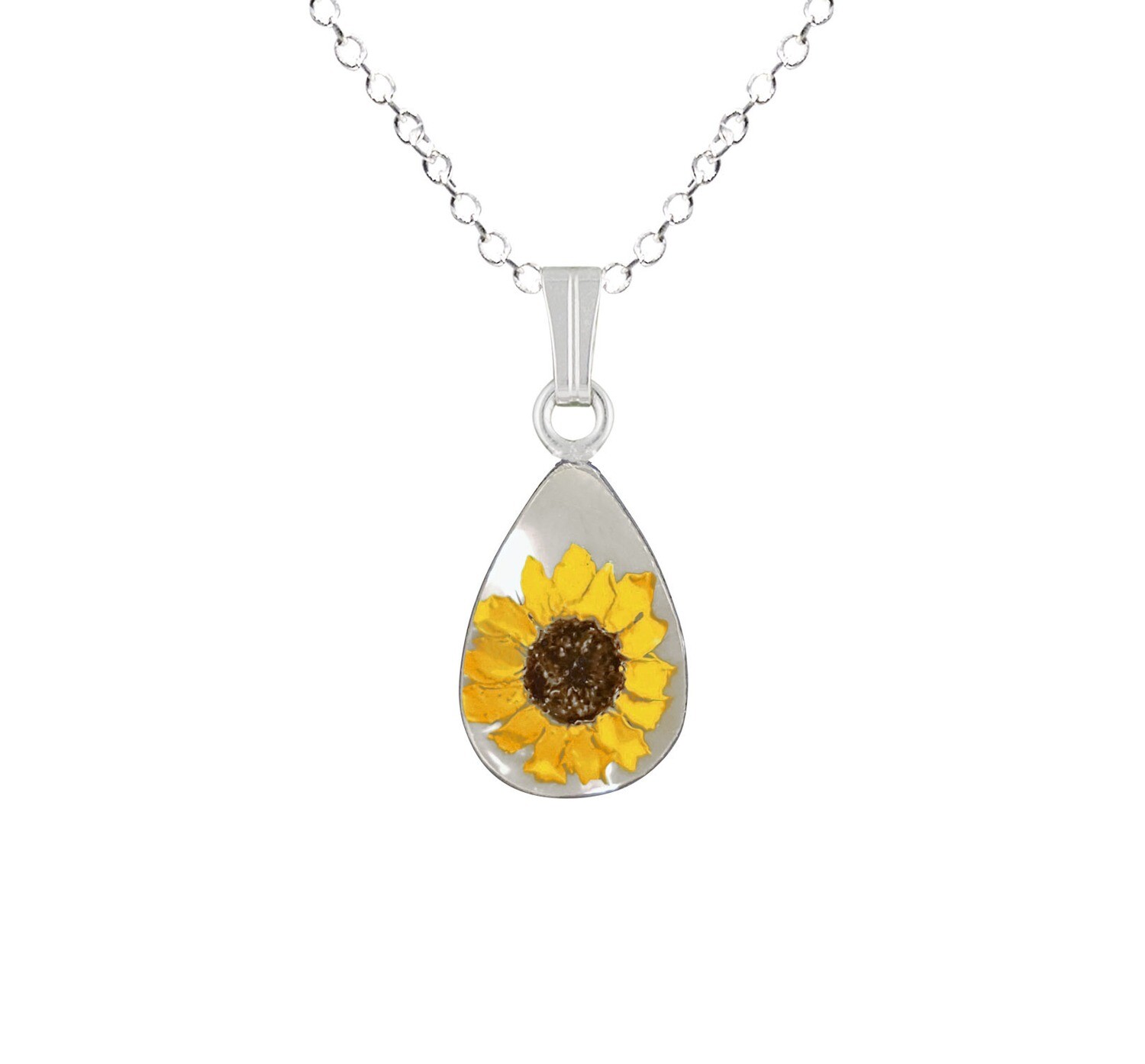 Sunflower Necklace, Small Teardrop, White Background