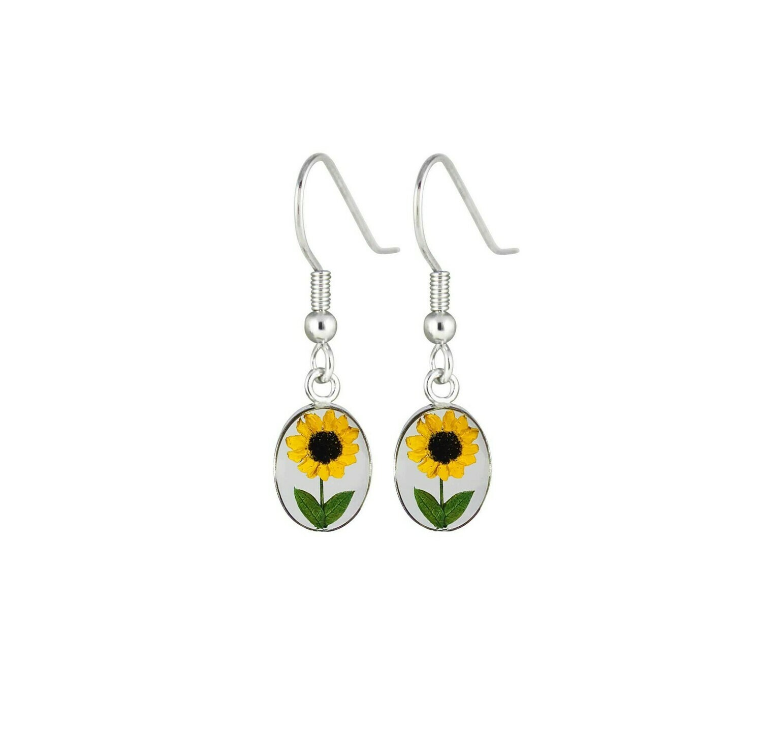 Sunflower, Small Oval Hanging Earrings, Transparent.