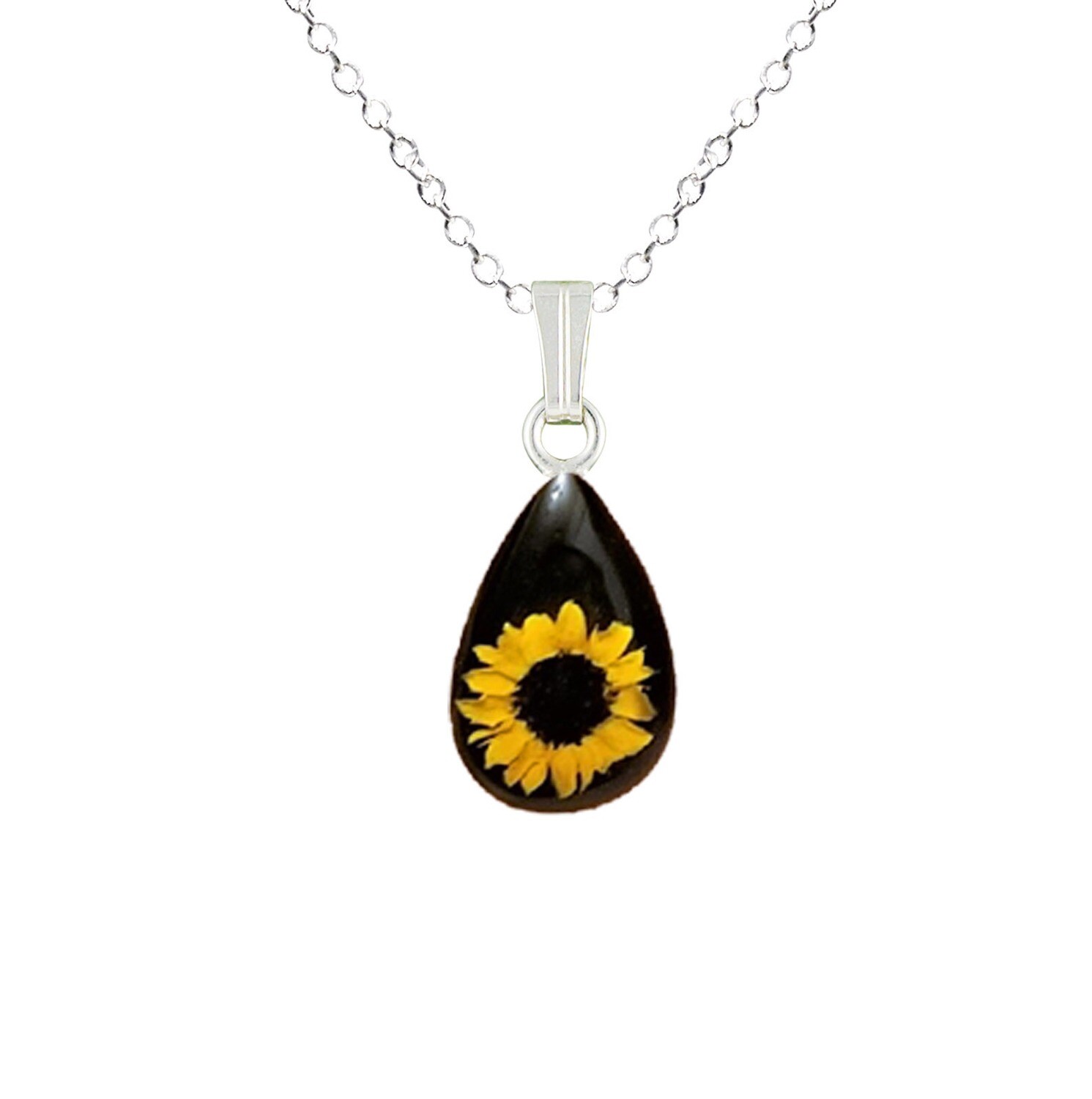 Sunflower Necklace, Small Teardrop, Black Background
