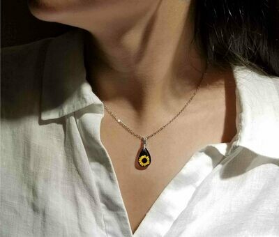 Sunflower Necklace, Small Teardrop, Black Background