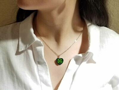 Clover Necklace, Small Heart, Black Background