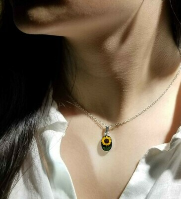 Sunflower Necklace, Small Oval, Black Background