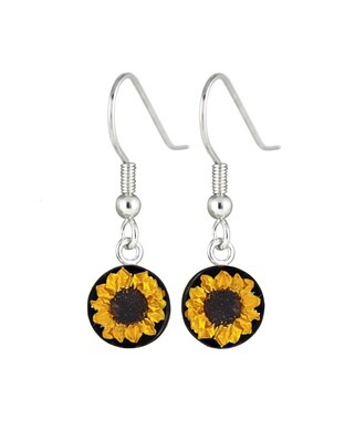 Sunflower, Small Circle Earrings, Black Background.
