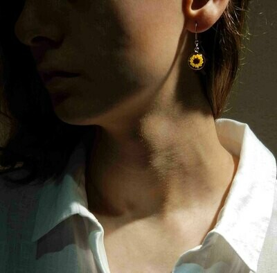 Sunflower, Small Circle Earrings, Black Background.