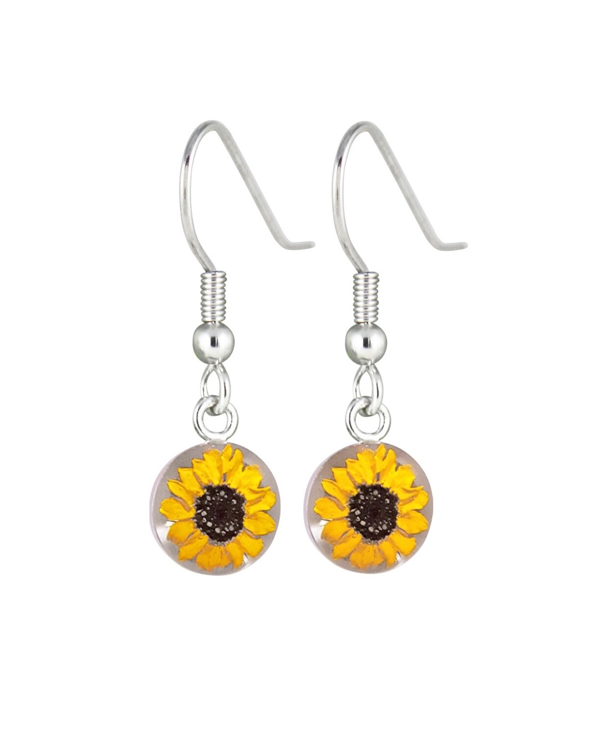 Sunflowers, Small Circle Hanging Earrings, White Background.