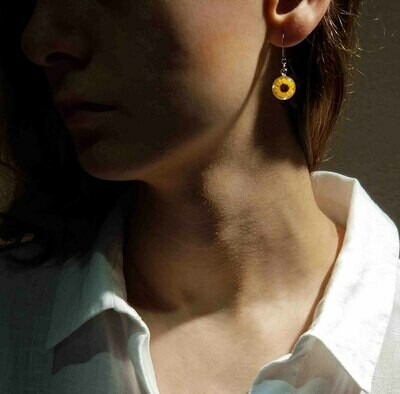 Sunflowers, Small Circle Hanging Earrings, White Background.