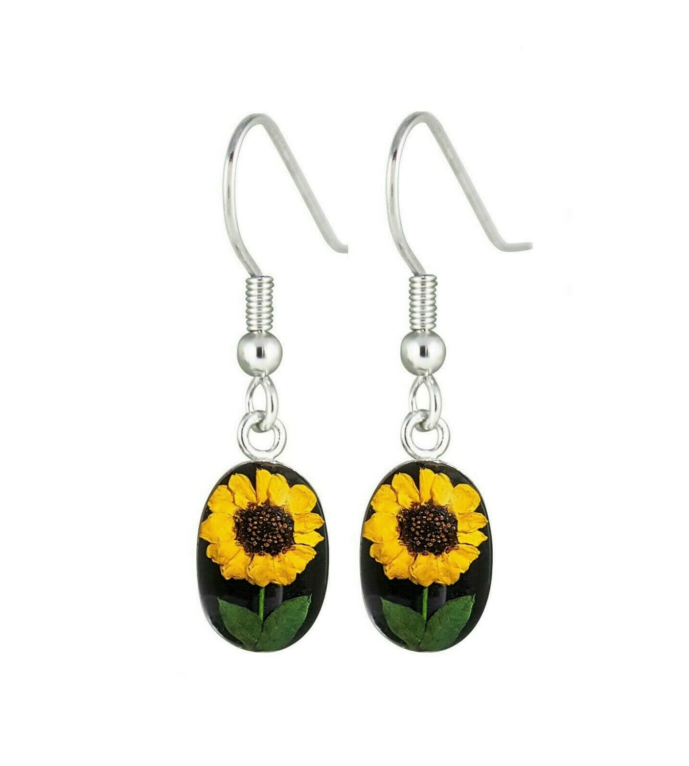 Sunflower, Oval Hanging Earrings, Black Background