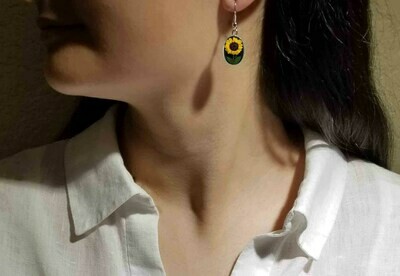 Sunflower, Oval Hanging Earrings, Black Background