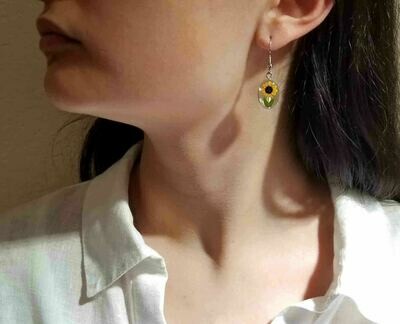 Sunflower, Oval Hanging Earrings, White Background.