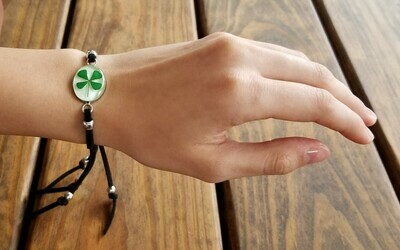 Four-Leaf Clover, Oval Leather Bracelet, White Background