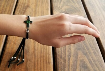 Four-Leaf Clover, Leather Cross Bracelet, Black Background