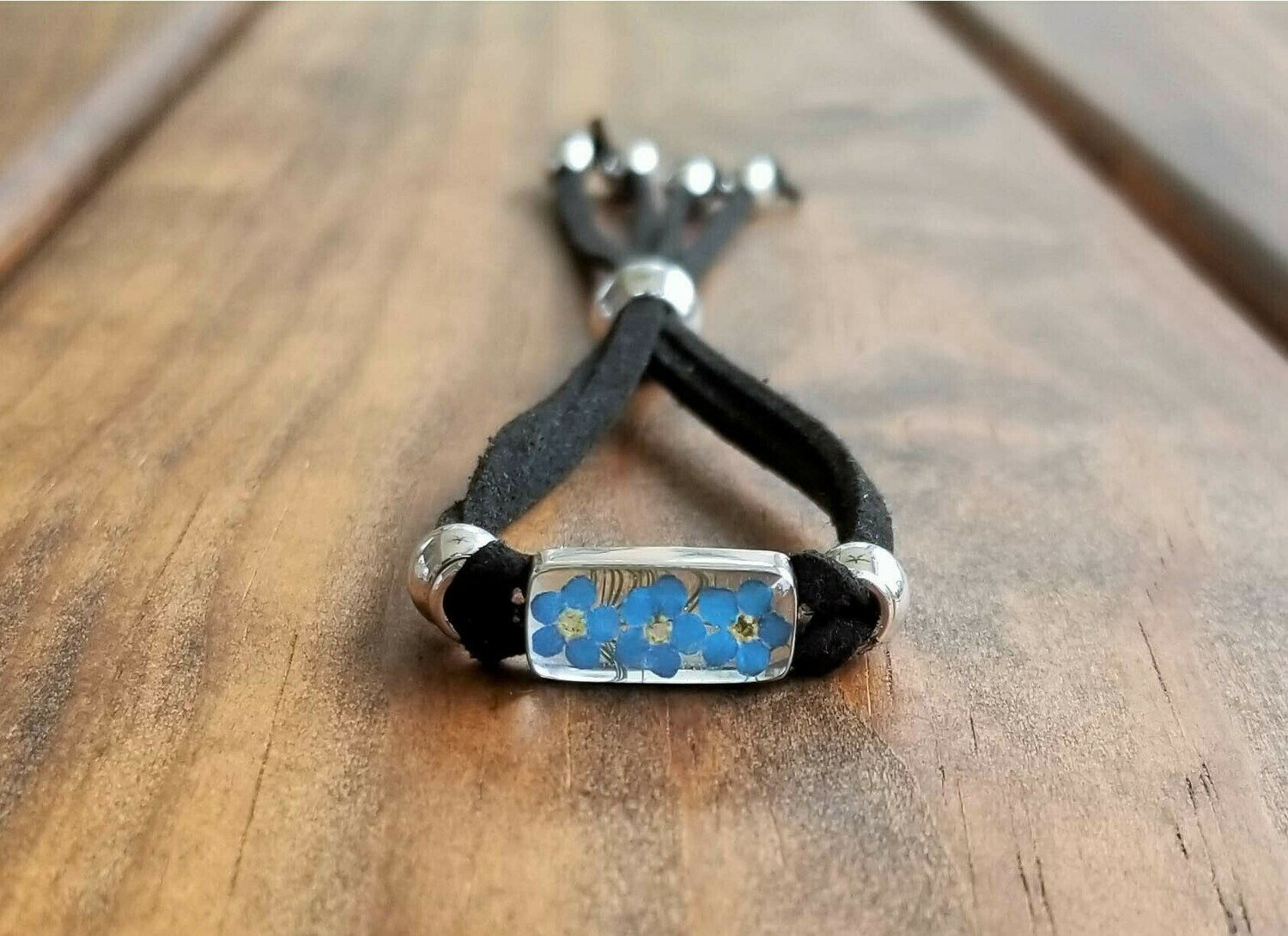 Forget-Me-Not, Small Rectangle Leather Bracelet, Transparent