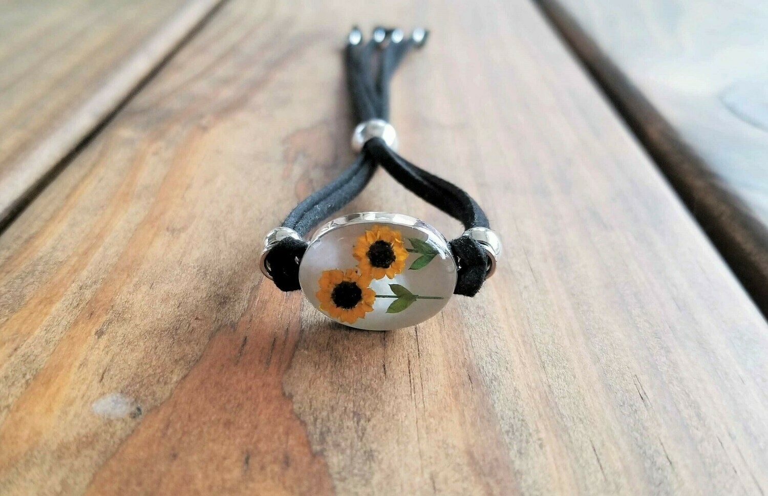 Sunflowers Oval Leather Bracelet, White Background