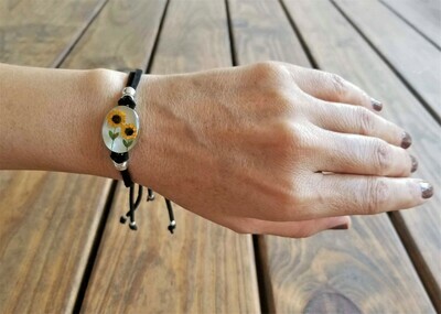 Sunflowers Oval Leather Bracelet, White Background