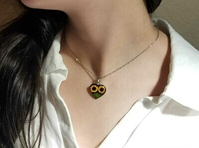 Sunflower Necklace, Medium Heart, Black Background