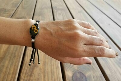 Sunflowers Medium Oval Leather Bracelet, Black Background