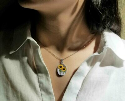 Sunflower Necklace, Medium Oval, White Background