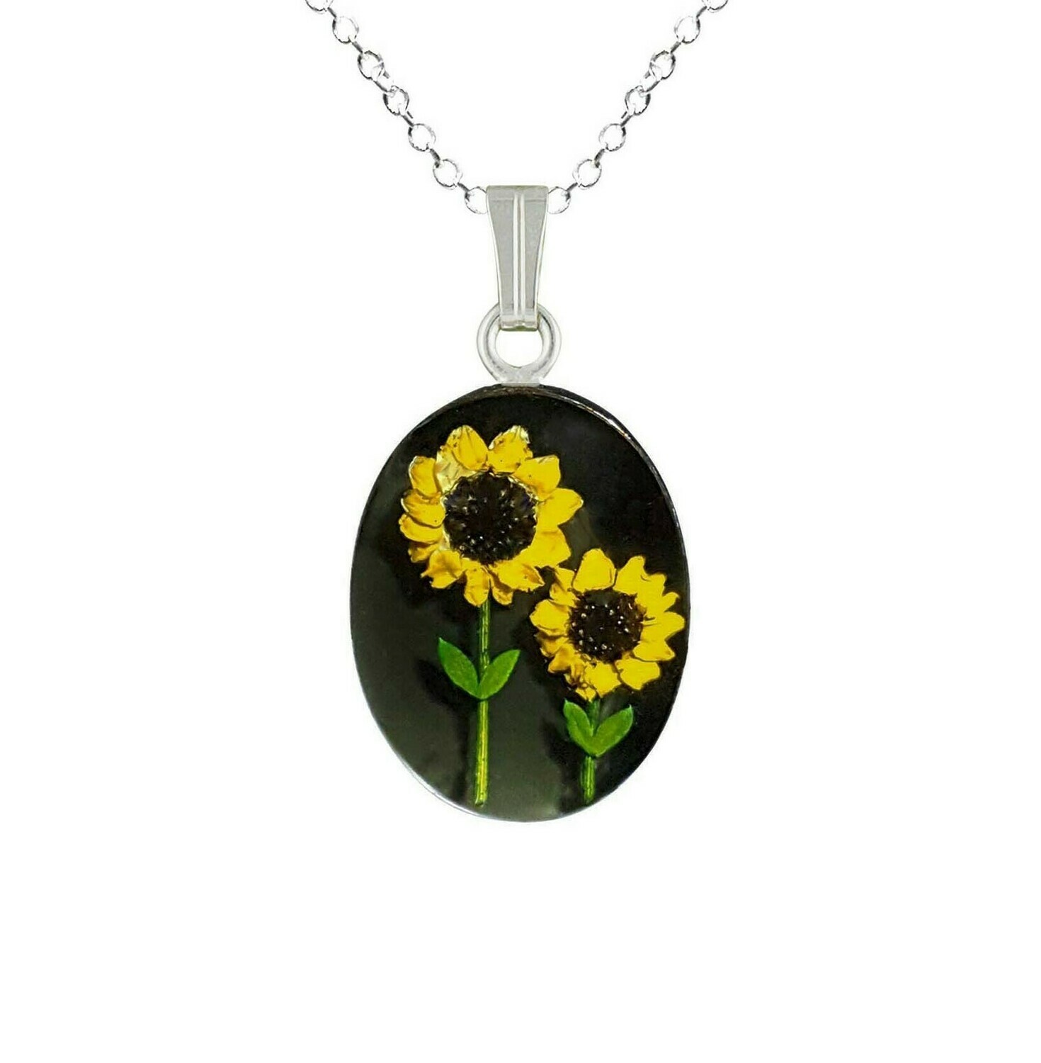 Sunflower Necklace, Medium Oval, Black Background