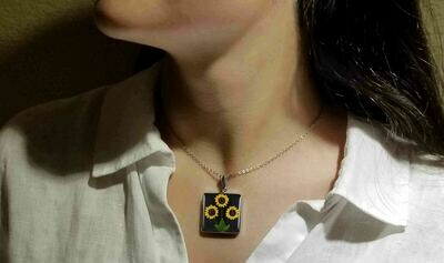 Sunflower Necklace, Large Square, Black Background