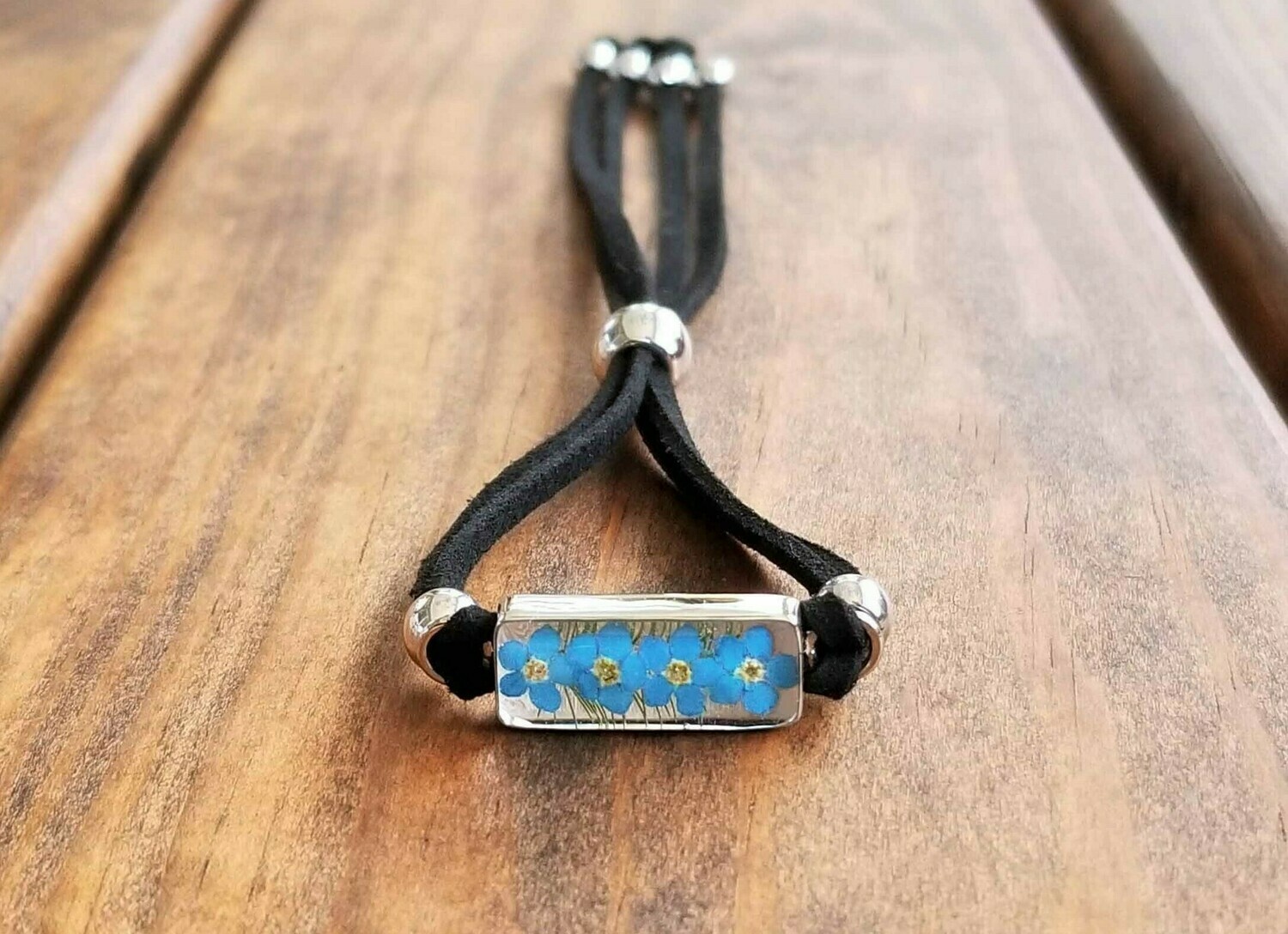 Forget-Me-Not, Rectangle Leather Bracelet, Transparent