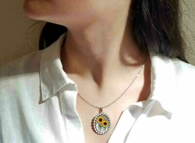 Sunflower Necklace, Pellet Medallion, White Background