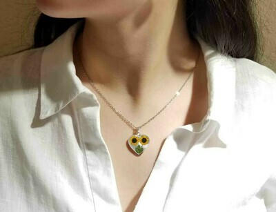 Sunflower Necklace, Medium Heart, White Background